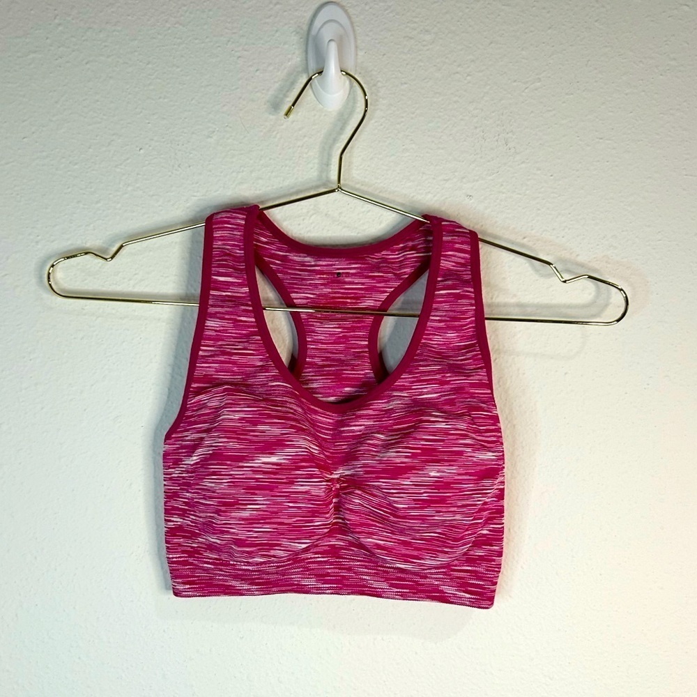 Womens Pink Ruched Racerback Sports Bra Small Stretchy Marl Yoga Gym Top